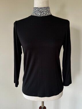 L'Agence Black Long Sleeve Top Rhinestone Choker Neckline Size M